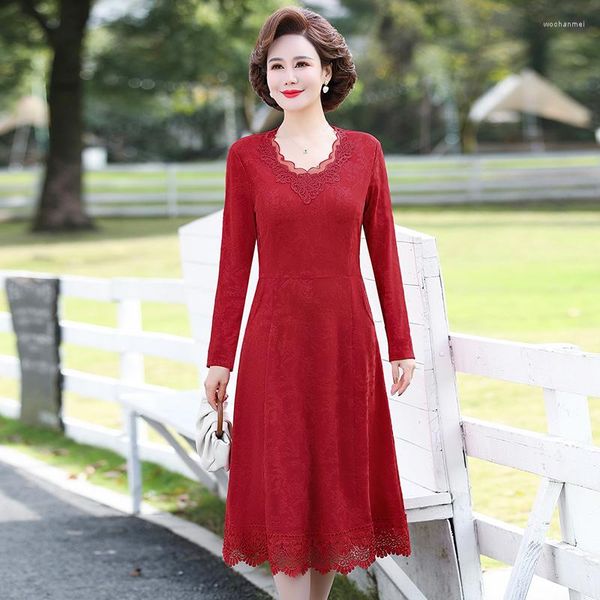 Robes décontractées élégante dentelle rouge robe de soirée de mariage femmes coréennes à manches longues a-ligne grande taille femme Vintage Vestidos