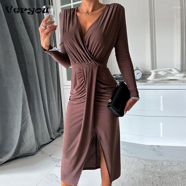 Robes décontractées Dames élégantes Cocktail Robe de soirée Automne Hiver Col V Manches longues Taille Slim Sexy Couleur Solide Plissée Split