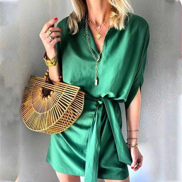 Vestidos casuales elegante vestido de mujer Casual verano media manga Oficina mujer ropa Vintage cinturón de moda fiesta Mini vestido túnica verde mujer 2021 G230311