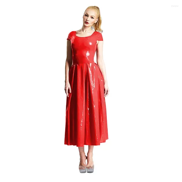 Robes décontractées élégante dame longue robe évasée vinyle pvc en cuir à manches courtes courte plissée