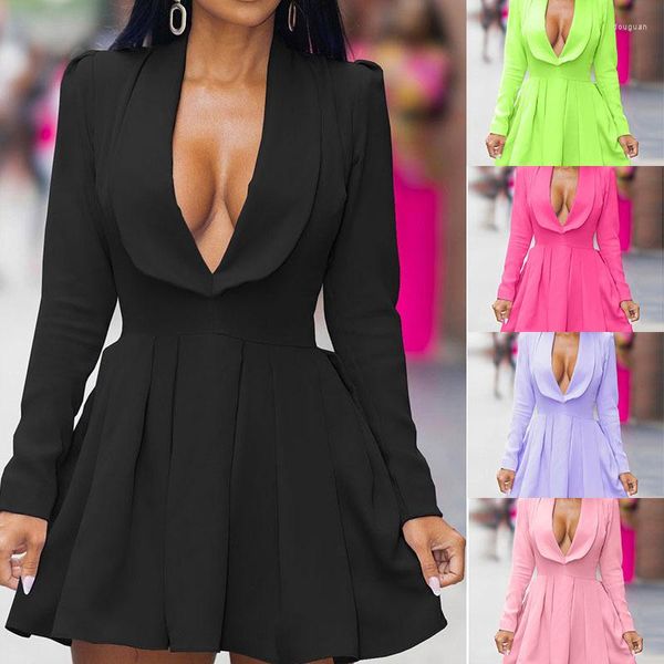 Robes décontractées élégantes à manches longues taille haute corset robe de soirée cocktail printemps automne femmes sexy mode col en V revers col plissé