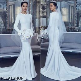 Vestidos informales Boda de satén de manga larga elegante para mujeres Button de cuello O Botón plisado Tren de barrido Blanco Mermaid Vestidos de novia