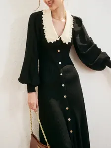 Casual jurken elegante lange mouwen dames gebreide zwarte herfst vintage bodycon slanke midi vestidos klassieke avondjurk