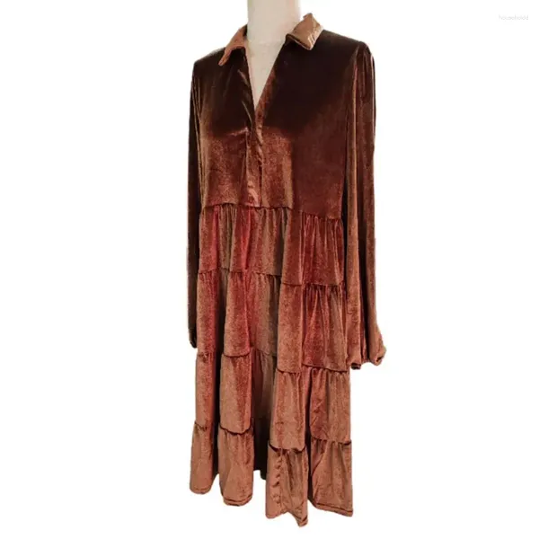 Robes décontractées élégant robe en vrac patchwork A-line midi avec manche en V à manches longues pour les femmes couleurs solides chaudes douces à mi-mollet longueur