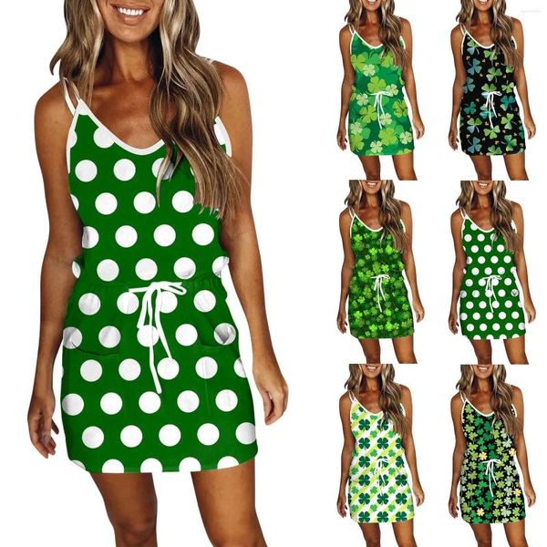 Vestidos casuales elegante suerte verde impresión playa vestido bolsillos mujeres rayas sin mangas sexy vacaciones st patricks día dama vestido