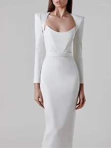 Casual jurken Elegant Midi Bandage Dress for Women 2023 Fashion White Formal Evening Party Bodycon Club Outfit Fall Winter met lange mouwen