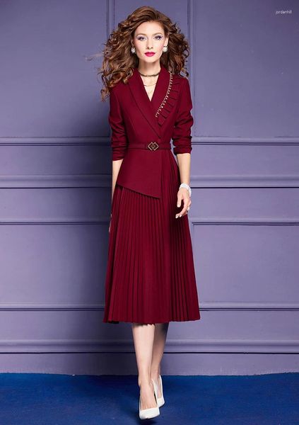 Vestidos casuales elegante midi plisado blazer para mujeres primavera 2024 diseñador rebordear volantes oficina vestido de negocios fiesta formal bata