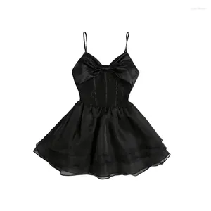 Vestidos informales Mini Vestido Negro para mujeres Sexy Bow V-Check Spaghetti Strap Slim A-Line Tiered Ball Vestidos Femenino de verano