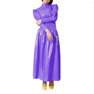 Casual jurken Elegant Mock Neck Faux PVC Leather Long A-Line jurk Wet look Party Prom Sissy Sexy Sleeve enkellengte wijd uitlopen