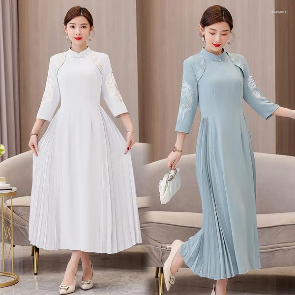 Vestidos casuales elegante vestido Cheongsam modificado 2023 primavera ajustado Retro largo chino mujeres plisado moda bordado ropa Z359