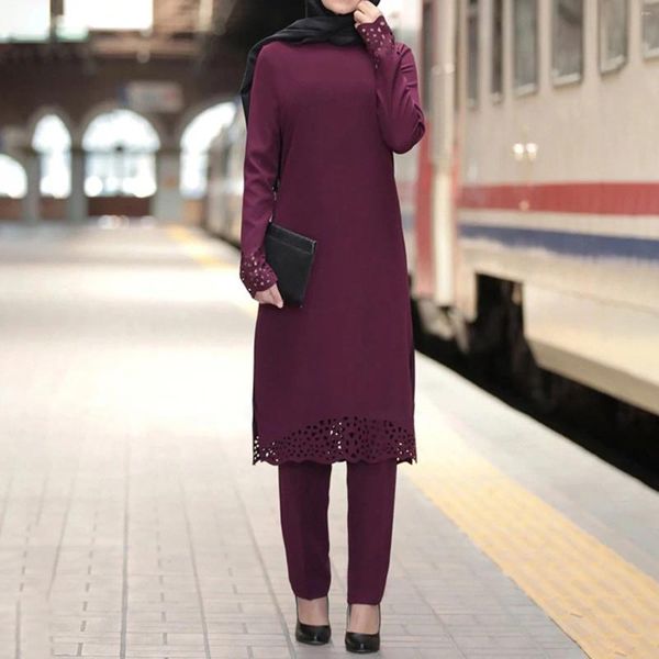 Vestidos casuales elegante vestido musulmán conjunto de túnica vintage flor ardiente dos piezas cuello redondo temperamento suelto ropa de oración tinta perdida