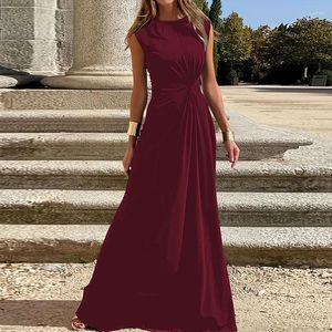 Robes décontractées Elegant O-Leck Sleeelss Solid Party Robe 2024 Fashion Hight Taie drapé Long Summer Casaul Slim Fit Maxi