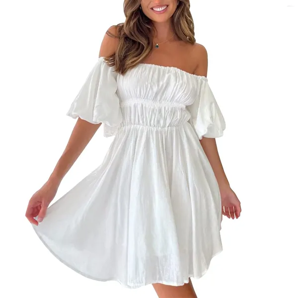 Robes décontractées Élégant Off Épaule Mini Robe Femmes 2024 Été Manches bouffantes Flowy Swing Party Vacances Robes Plage Robe d'été