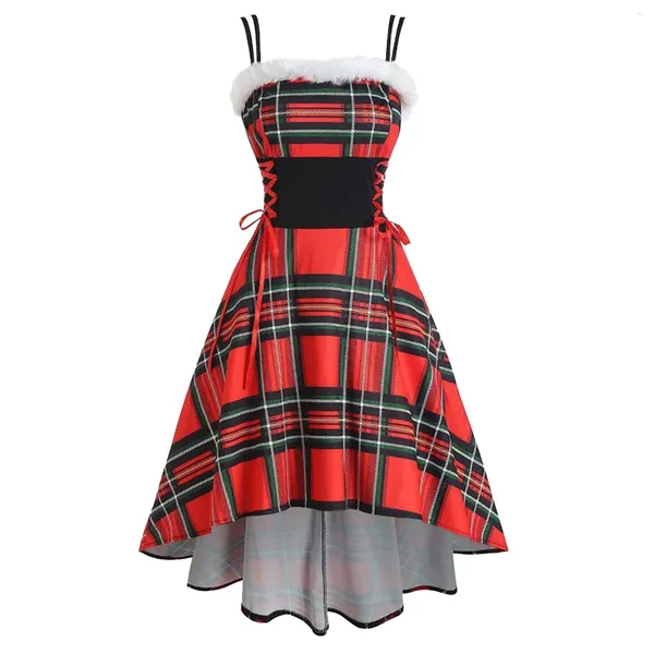 Casual Dresses Elegant Off Shoulder Plaid Christmas Dress Women Autumn Winter Patchwork High Low Sleeveless Plush Edge Festival Costume