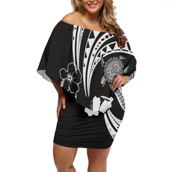 Vestidos casuales Elegante fuera del hombro Vestido de cuello de loto Estampado tribal polinesio Minifalda de manga corta de tótem Moire personalizada para el verano