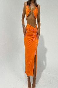 Robes décontractées élégant orange mode sexy dame club midi robe 2023 Summer Women Party Backless Spaghetti Strap Bodycon Outwear G1791368