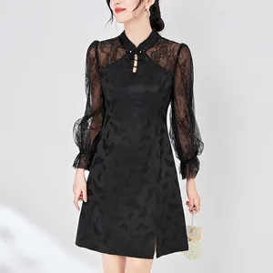 Robes décontractées Fête élégante pour les femmes style chinois printemps été jacquard patchwork maille dentelle manches longues femmes vintage robe noire