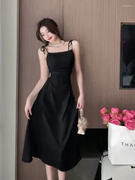 Vestidos casuales elegante fiesta vestido de mujer vintage sin respaldo vendaje blanco bata femenina vestido de verano retro correa de noche vestido negro