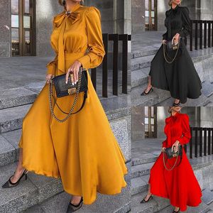 Robes décontractées élégantes fête femmes robe Slim Satin décolleté avec noeud papillon à manches longues soirée bureau dame solide bouffée rouge