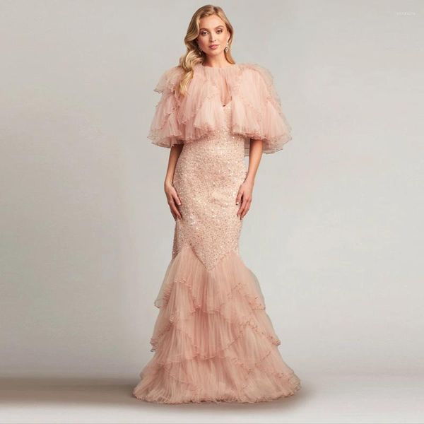 Robes décontractées Élégant Pêche Rose Brillant Paillettes Sirène Robes De Bal Avec Veste Ruché Tulle Bas Longues Femmes Maxi À La Fête De L'événement