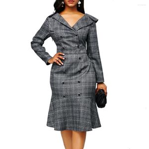 Casual jurken Elegant Plaid Party for Women 2023 Lange mouwknoppen Hoge taille Slim Office Work Bodycon geplooide kledingkleding