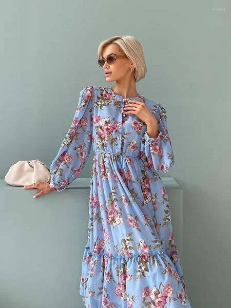 Robes décontractées Élégant plissé à manches longues en mousseline de soie soirée femmes rose bleu noir blanc floral plage maxi robe d'été 2023