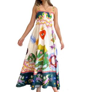 Casual jurken Elegante afdruk kleurrijke lange jurk vrouwen hoge taille spaghetti riemen backless sexy dames zomers strand vacteur gewaad
