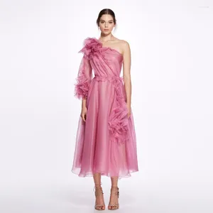 Casual jurken Elegant Rose Roze A-lijn Dames Maxi Eén schouder 3D Bloem Mid Calf Vrouwelijke jurken voor evenementenfeesten