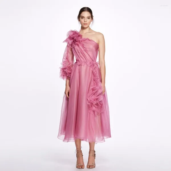 Vestidos casuales elegante rosa rosa una línea mujeres maxi un hombro flor 3d media pantorrilla vestidos femeninos para fiesta de eventos
