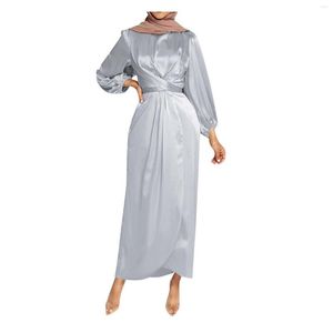 Vestidos casuales elegante satén musulmán ropa islámica moda plata Eid Kaftan vestido mujeres Maxi árabe Abaya Jilbab mujeres