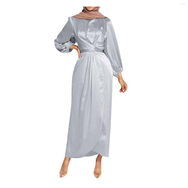Robes décontractées élégant Satin musulman islamique vêtements mode argent Eid caftan robe femmes Maxi arabe Abaya Jilbab femmes