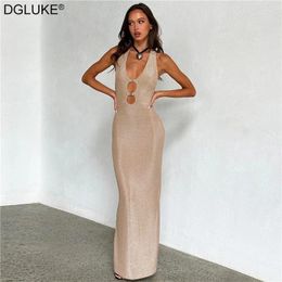 Robes décontractées Elegant Sequin Night Robe Femmes Deep V-Neck Backless Long Sexy Sexy Cut Out Glitter Party Night Club
