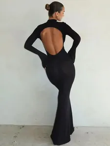 Casual Jurken Elegante Sexy Back Hollow Out Maxi Jurk Vrouwen Half Hoge Kraag Flare Lange Mouw Bodycon Lady Chic Banket avond Gewaad