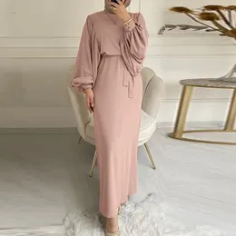 Vestidos casuales elegante simple con cordones vestido musulmán manga larga color sólido vestido de verano bata modesta