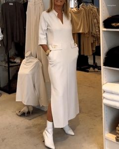 Vestidos casuales elegante estilo simple para mujeres otoño 2023 mangas largas de moda polo cuello botón bolsillo diseño vestido de oficina