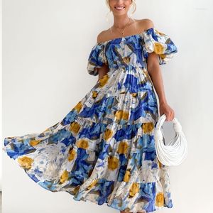 Vestidos casuales Elegante Slash Neck Puff Sleeve Floral Impreso Lady Dress Sexy Off The Shoulder Cintura alta Fiesta Mujer Sweet Sukienki 26771