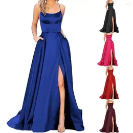 Lässige Kleider, elegantes, ärmelloses, formelles Maxikleid für den Abschlussball, hohe Taille, seitlicher Schlitz, Oberschenkelsaumtaschen, Abendpartykleid