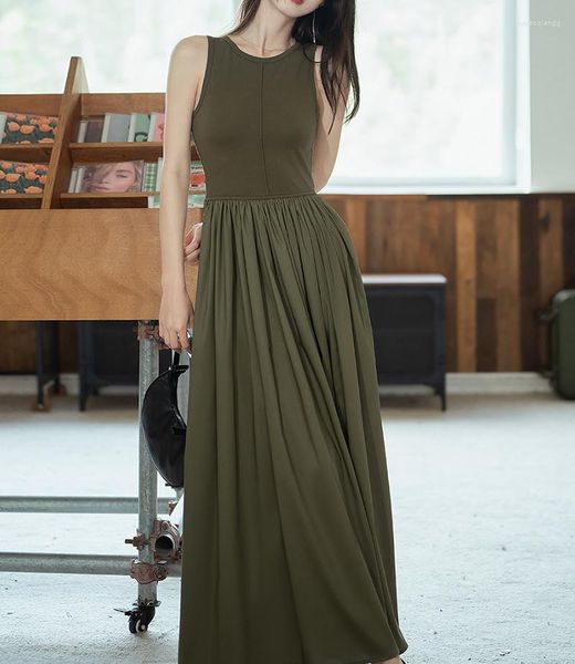 Vestidos casuales elegante deportivo militar verde largo TankDress mujer Primavera Verano cuello redondo largo hasta el suelo para mujeres con bolsillos