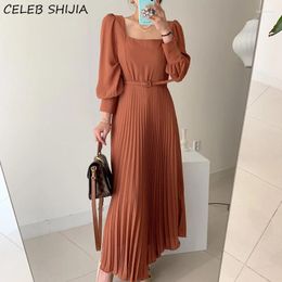 Robes décontractées élégant col carré femme avec ceintures lanterne manches taille haute robe plissée vêtements coréen maxi femme