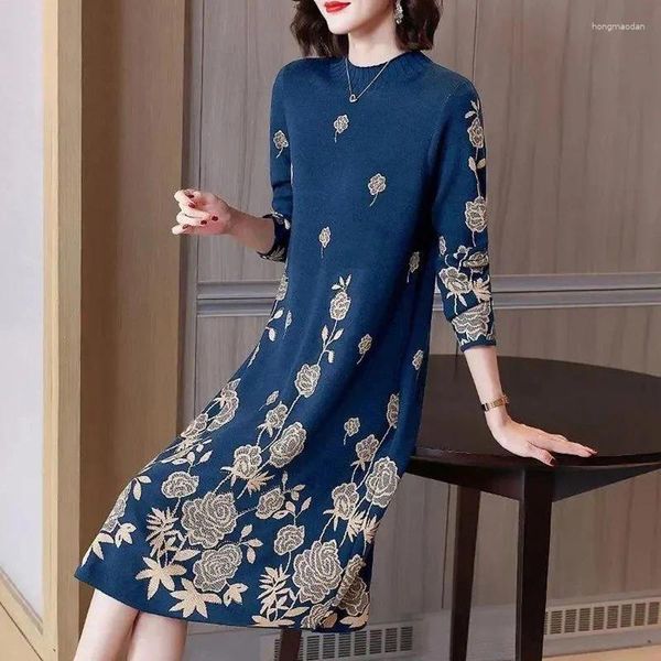 Robes décontractées Col montant élégant coréen imprimé diamants dames robe vêtements pour femmes 2023 automne hiver surdimensionné bureau dame midi