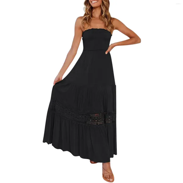 Robes décontractées élégant sans bretelles dame lâche maxi robe de soirée femmes mode couleur unie dentelle été évider longs robes