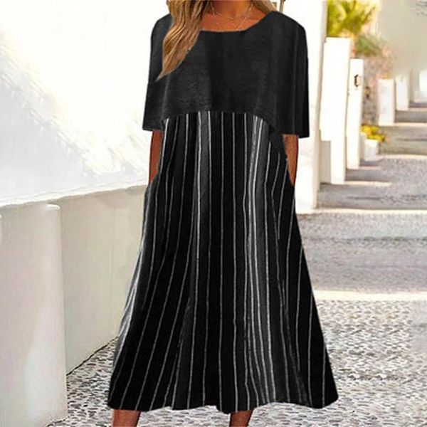 Vestidos casuales elegantes vestidos largos rectos rayados para mujeres 2024 verano con bolsas de bolsillos moda manga corta suelta vintage