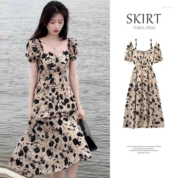 Robes décontractées style élégant Sweet Chic Vintage Floral Print Party for Women Summer en dentelle Spaghetti Strap Beach Midi Robe