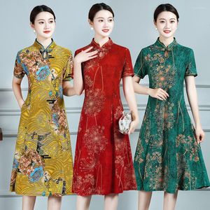 Casual Jurken Elegante Zomer Chinese Cheongsam Vrouwen Gemodificeerde Jurk Vintage Bloemen Gedrukt Mandarijn Kraag Vrouwelijke Qipao