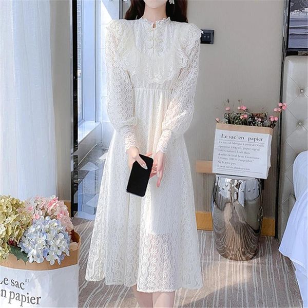 Robes décontractées élégant doux vintage en dentelle solide femmes midi pour 2024 Automne mode à manches longues mignonnes robe de fée d'anniversaire