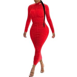 Casual jurken Elegante Turtleneck Ruched Dames Dress 2023 Autumn Winter Sexy Long Seeve bodycon Red Christmas Club Party Robe