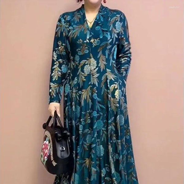 Robes décontractées Élégant col en V A-ligne taille robe longue vêtements pour femmes manches de trajet printemps automne vintage élégant imprimé floral