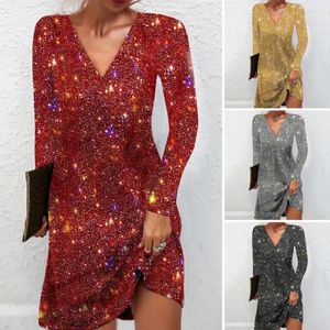 Robes décontractées Robe élégante à col en V Femmes Paillettes Mini pour une soirée scintillante A-Line avec manches longues