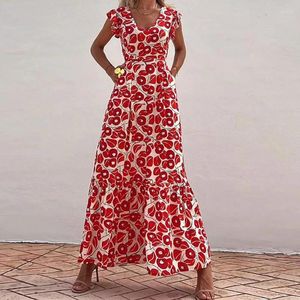 Casual jurken Elegant V Neck High Taille Split Long Party Dress Sexy Floral Print Flying Sleeve Slim Women Holiday Geplooed A-Line