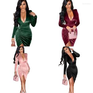 Casual Jurken Elegante V-hals Fluwelen Lange Mouw Split Asymmetrische Ruches Mini Bodycon Jurk Herfst Winter Vrouwen Sexy Party Baljurk